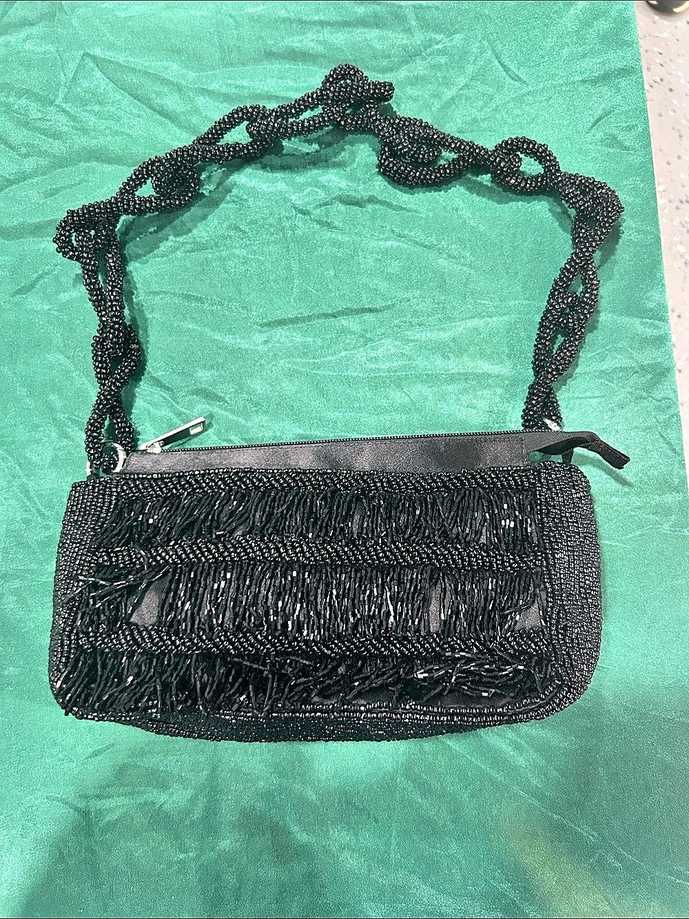 Black Beaded Fringe Shoulder Bag